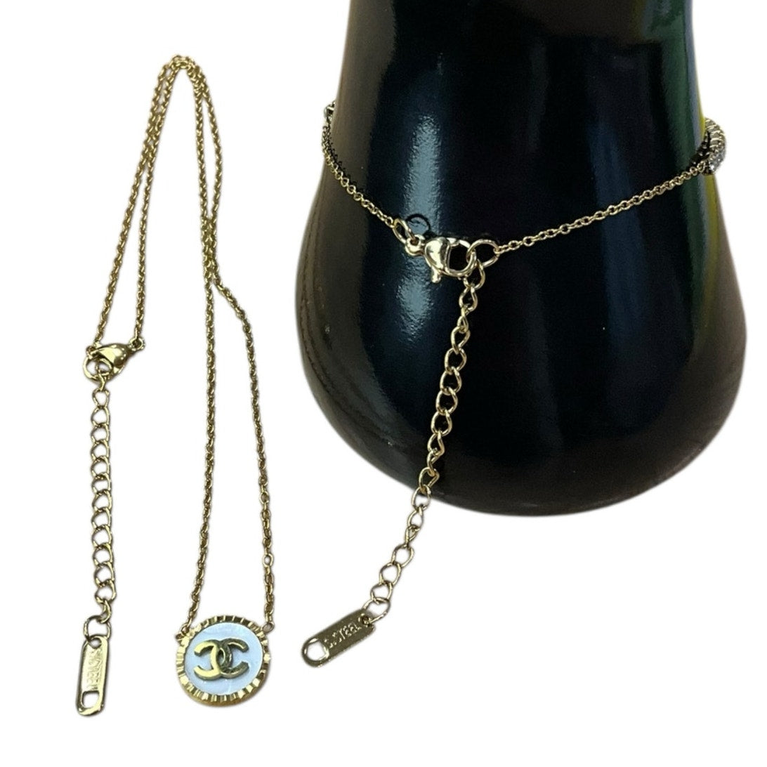 Gold Tone Pendant Necklace & Crystal Bracelet Set – Elegant Matching Jewelry