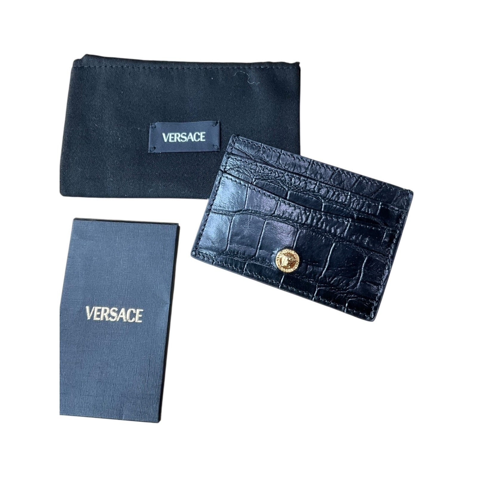 Authentic Versace Black Croc-Embossed Calf Leather Card Holder
