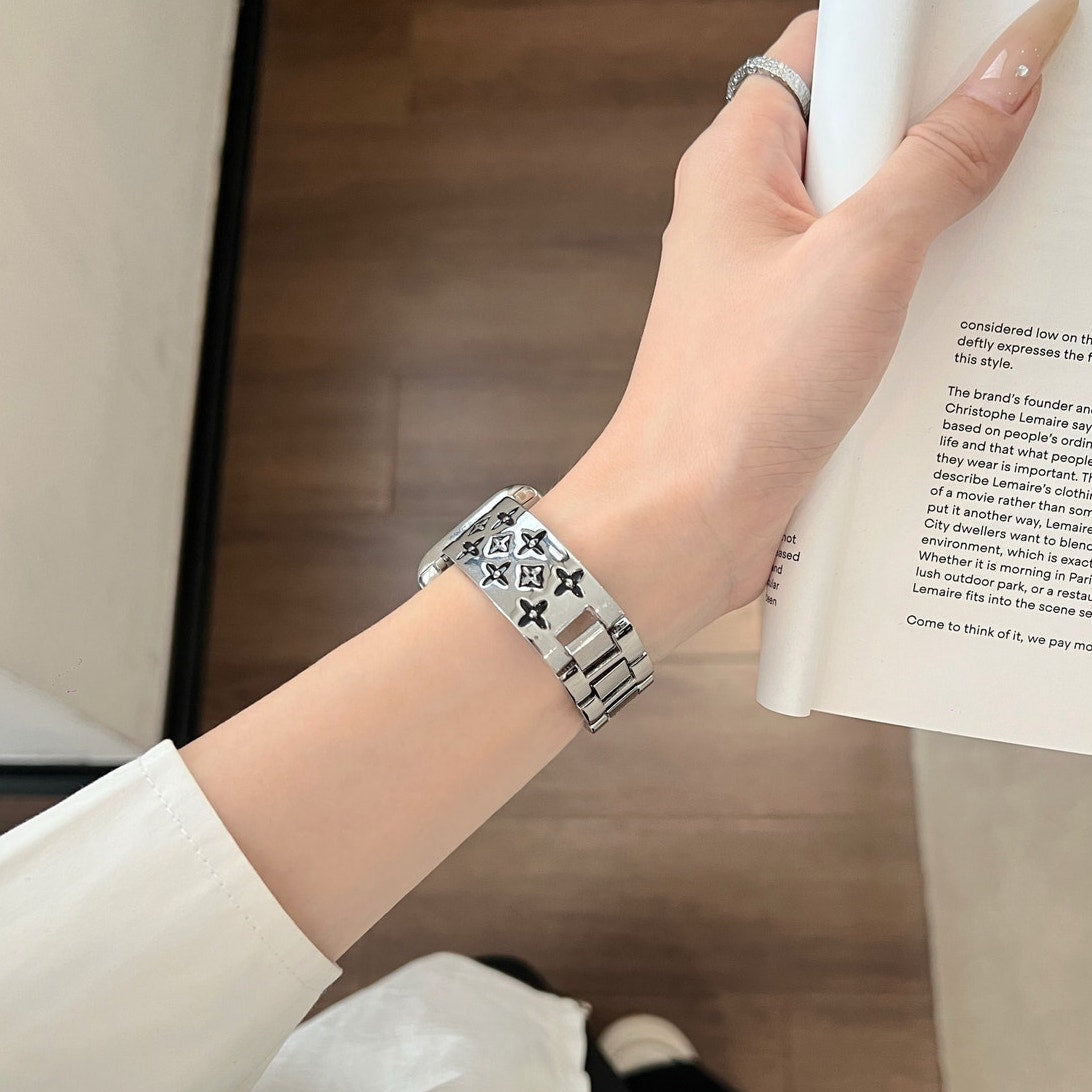 Premium Stainless Steel Floral-Pattern Link Watch Band – Gold or Silver