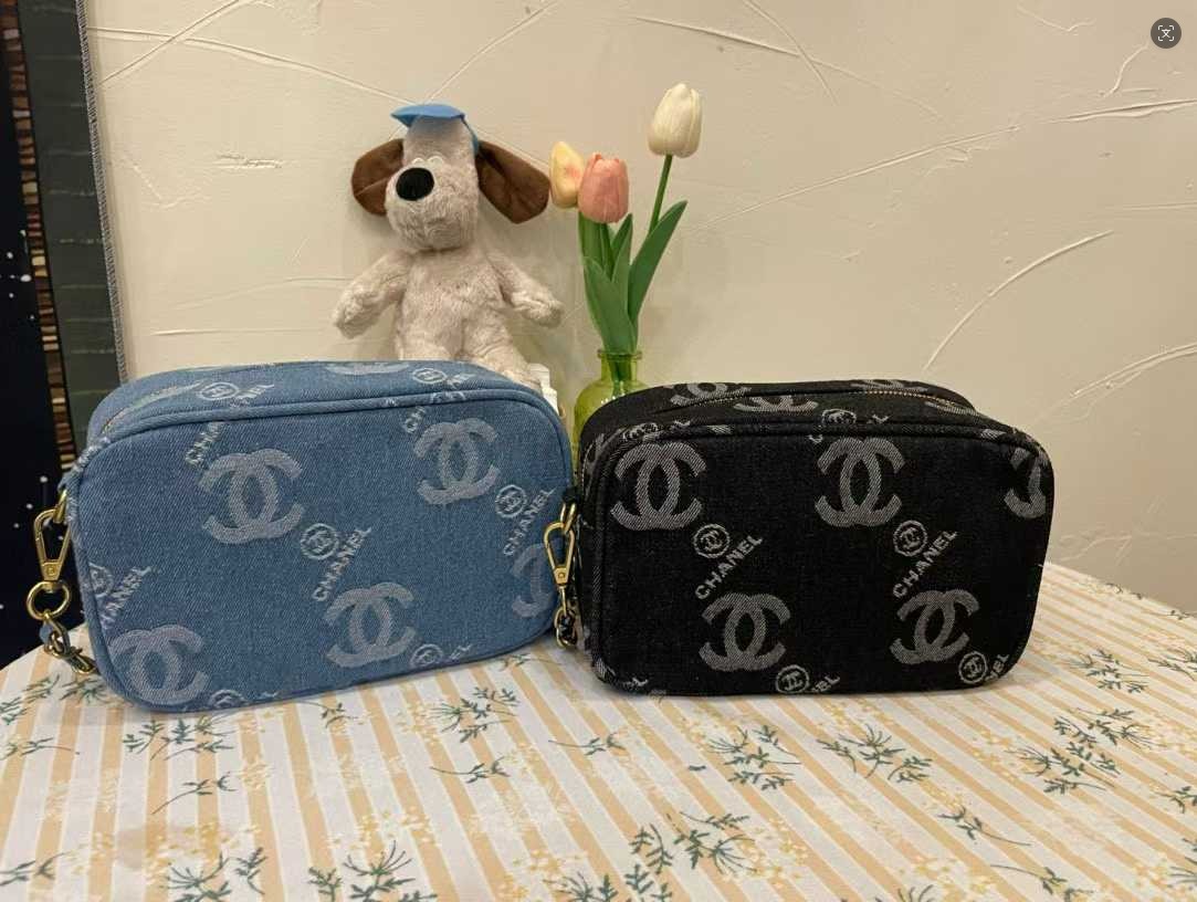 Chanel GWP Denim Cosmetic Bag – CC Monogram Travel Pouch (Blue or Black)