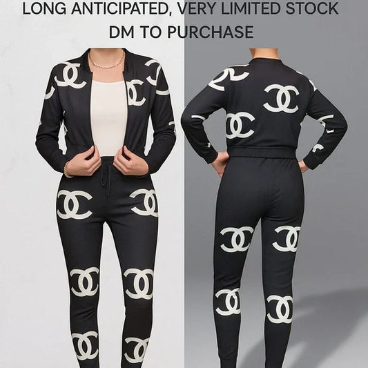 Luxury-Inspired Black & White Monogram Jogger Set (2-Piece)