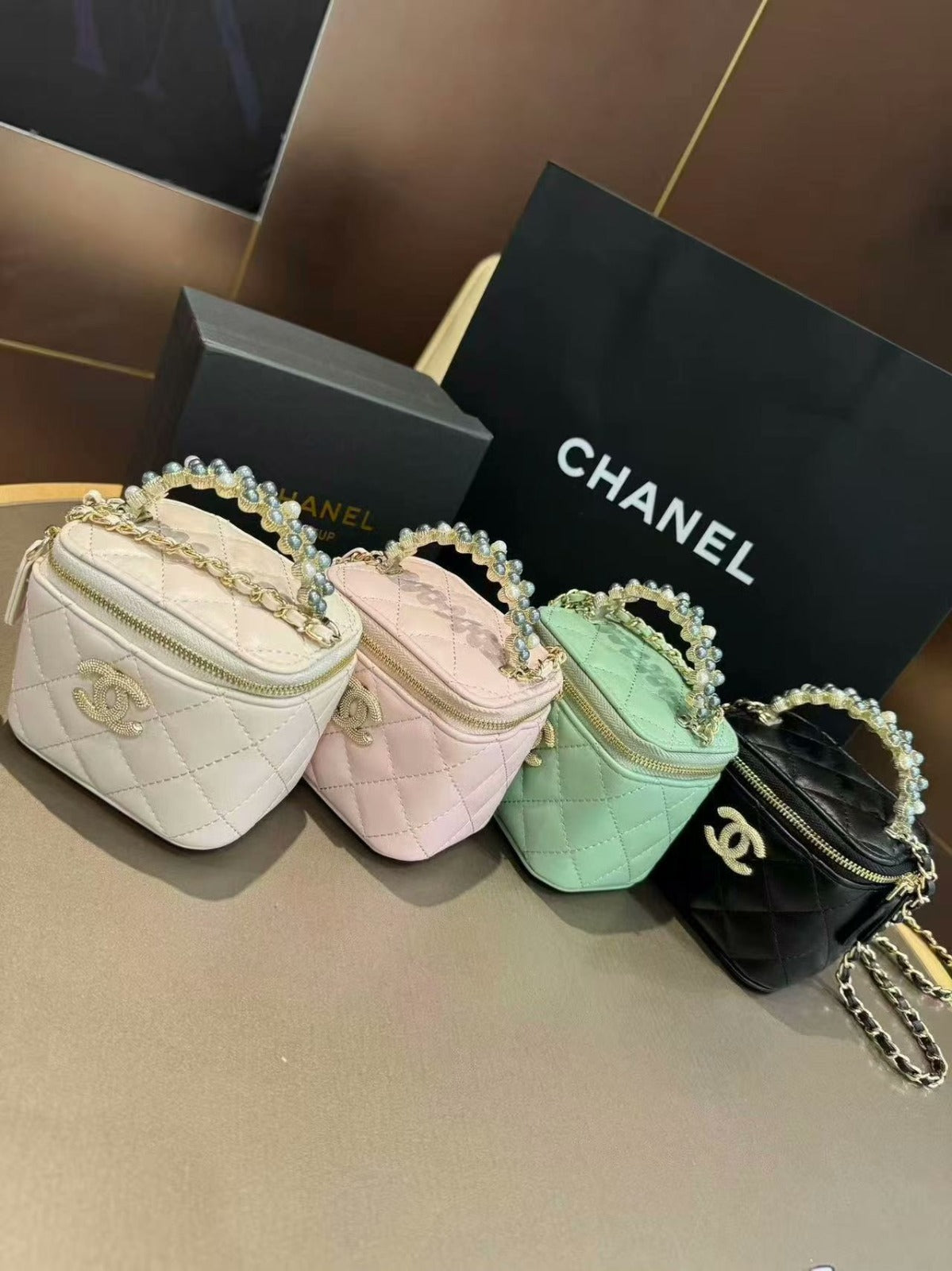 Chanel GWP Mini Vanity Bag with Pearl Handle – Quilted Crossbody (4 Colors)