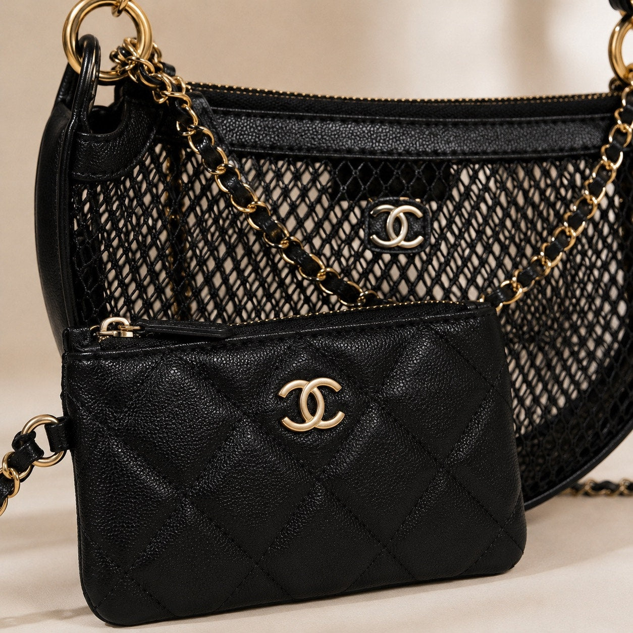 GWP Black Half-Moon Mesh Shoulder Bag with Detachable Mini Pouch