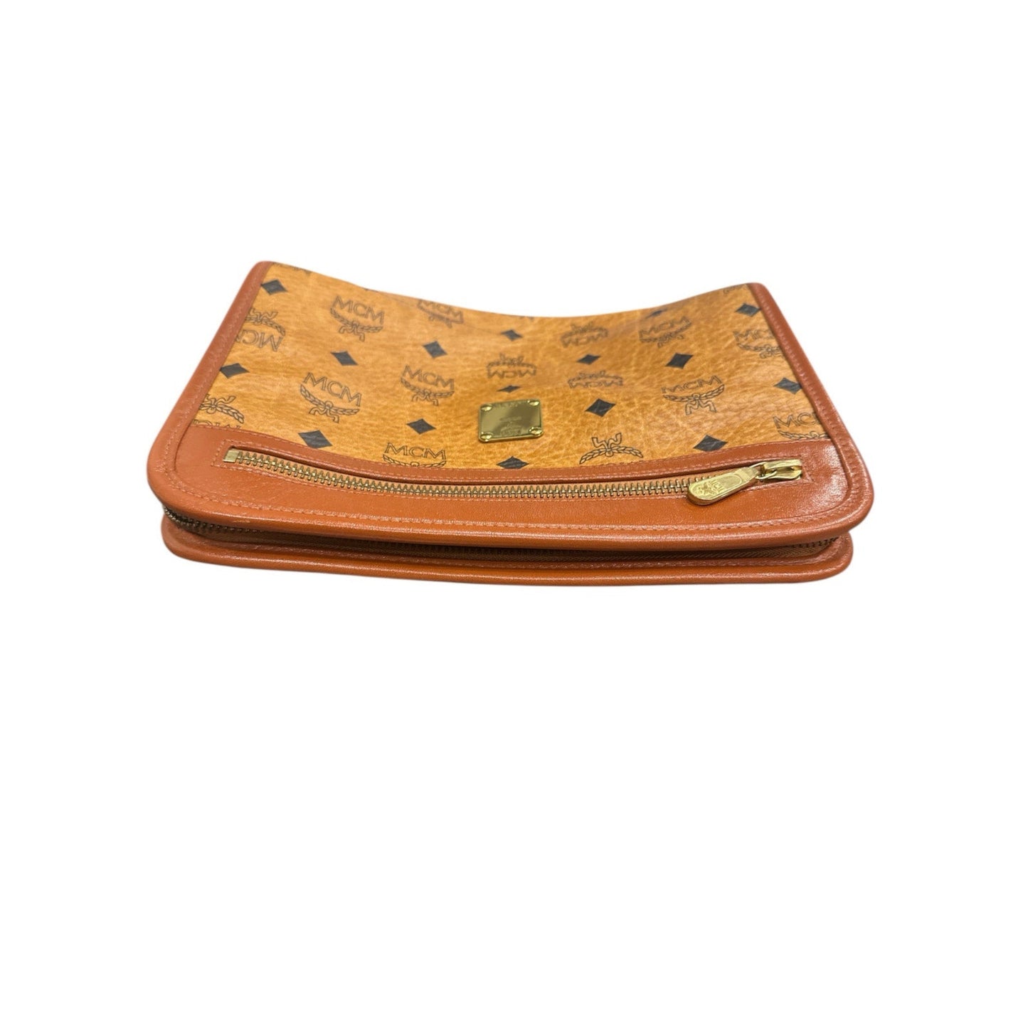 Brown leather wallet with gold zipper and MCM logo on a white background