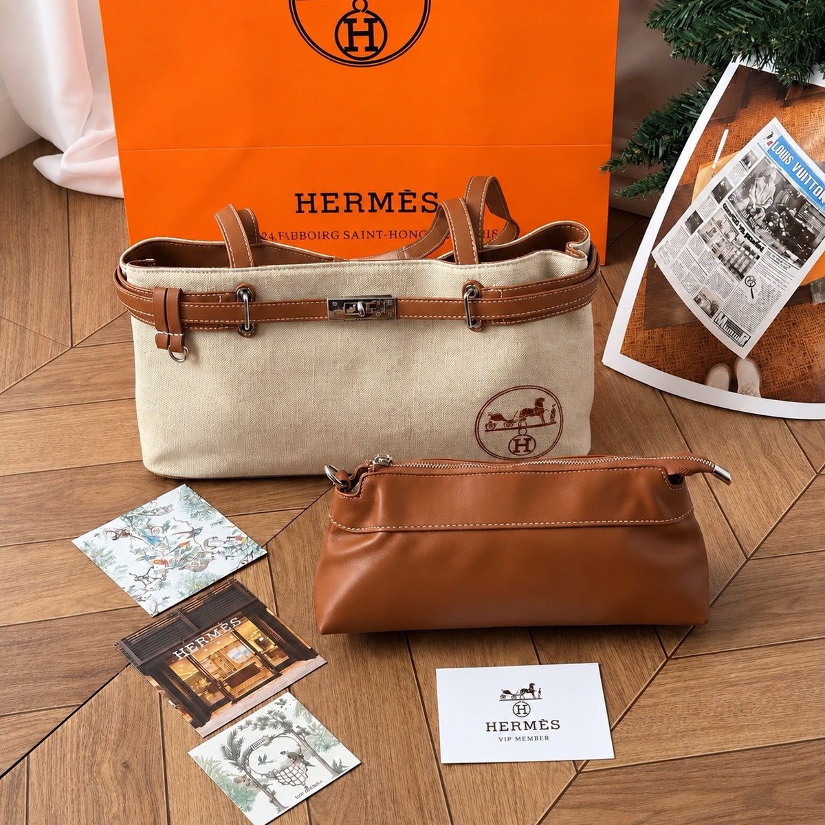 Hermès P'tit Arcon Shopping Bag with Matching Pouch | GWP Exclusive Canvas Shopper