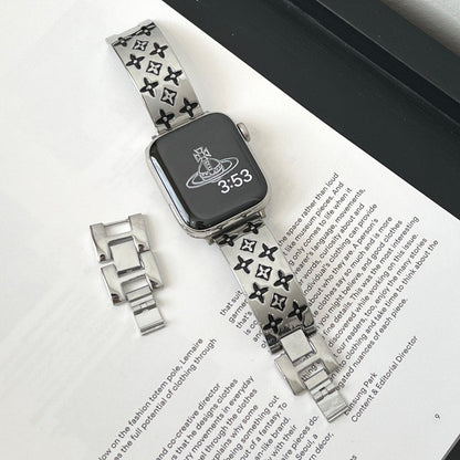 Premium Stainless Steel Floral-Pattern Link Watch Band – Gold or Silver