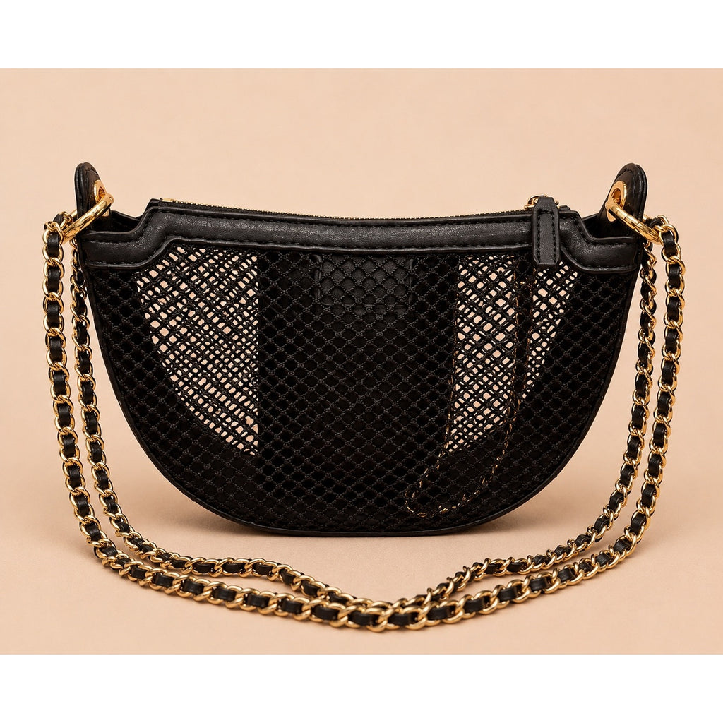 GWP Black Half-Moon Mesh Shoulder Bag with Detachable Mini Pouch