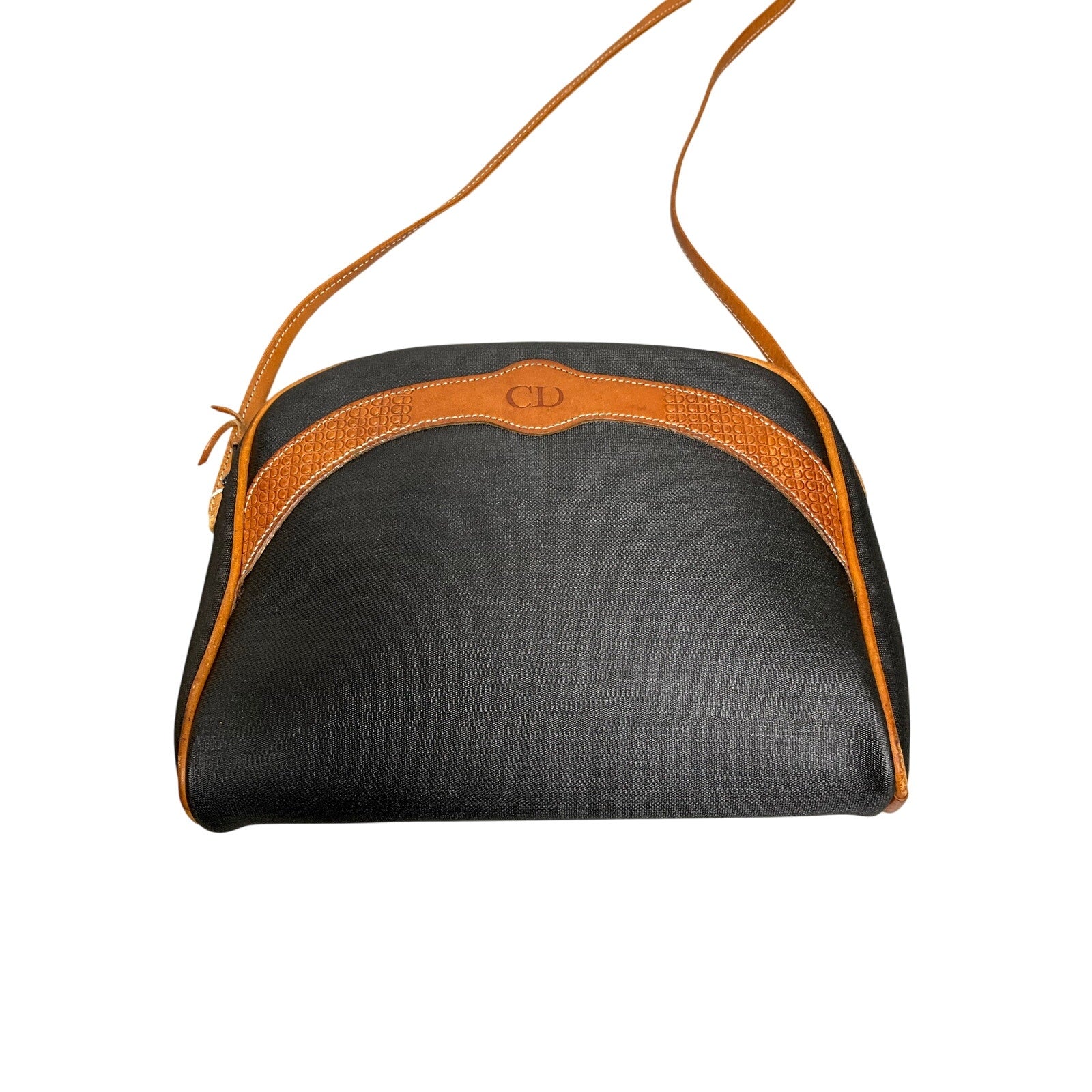 Black handbag with orange accents on a white background