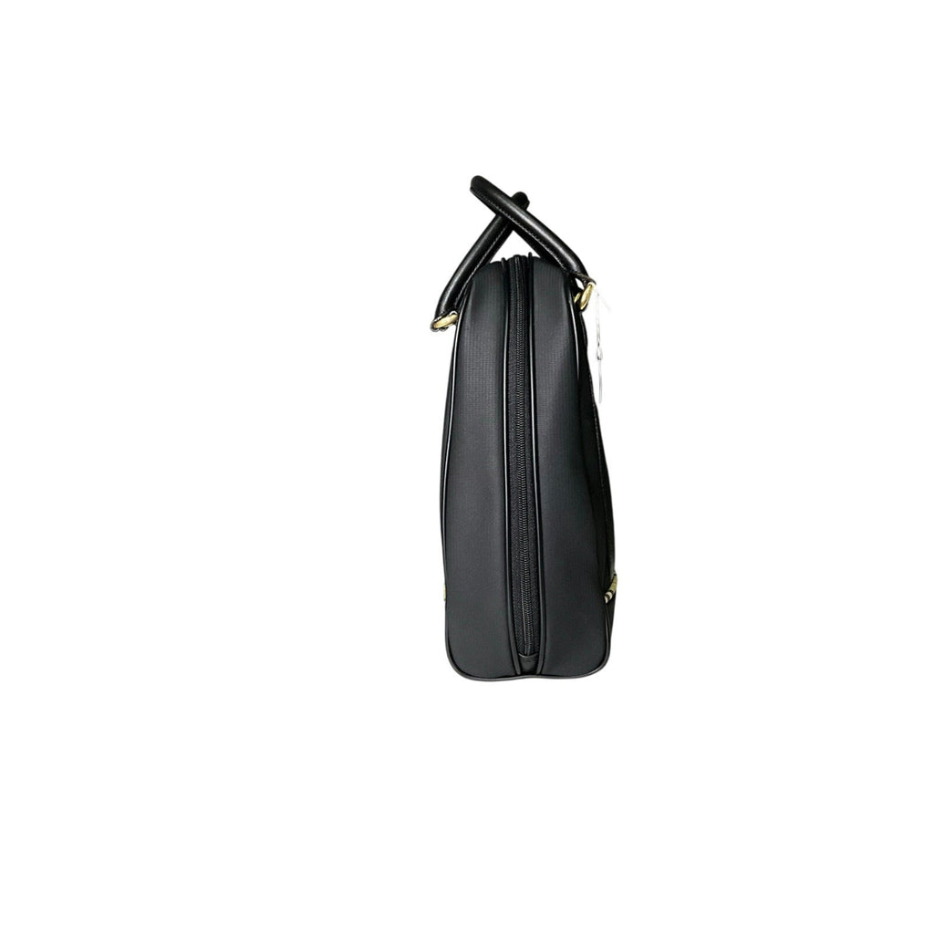 Black leather handbag with gold accents on a white background
