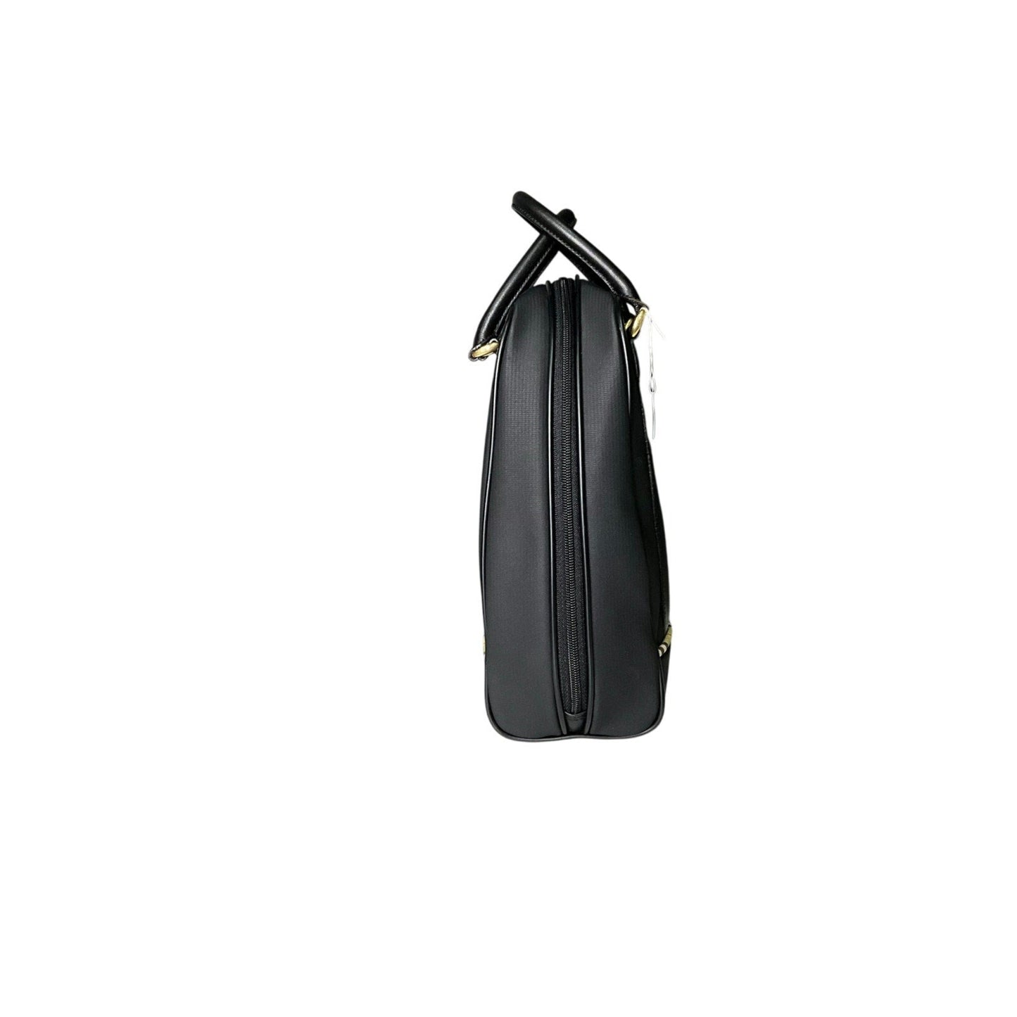 Black leather handbag with gold accents on a white background