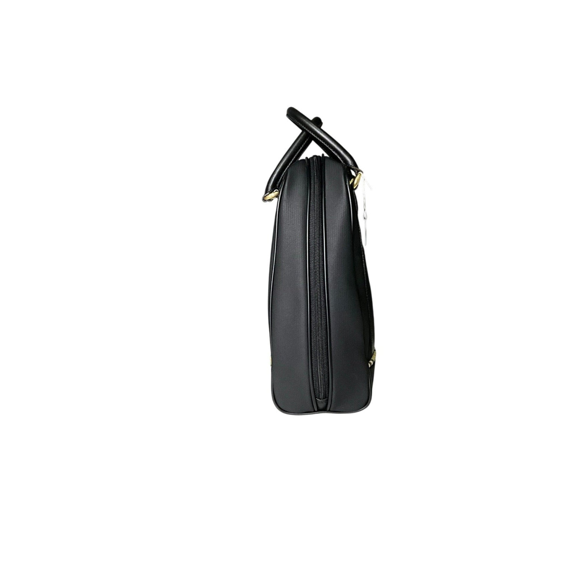 Black leather handbag with gold accents on a white background