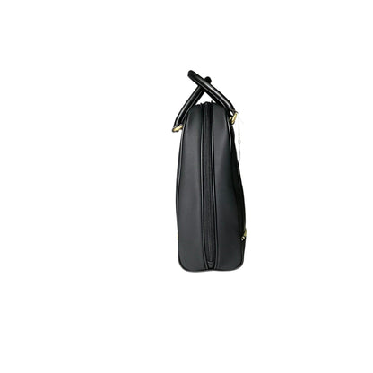 Black leather handbag with gold accents on a white background