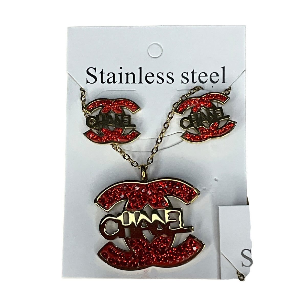 Stainless Steel Double C Style Necklace & Earrings Set – Rhinestone Jewelry