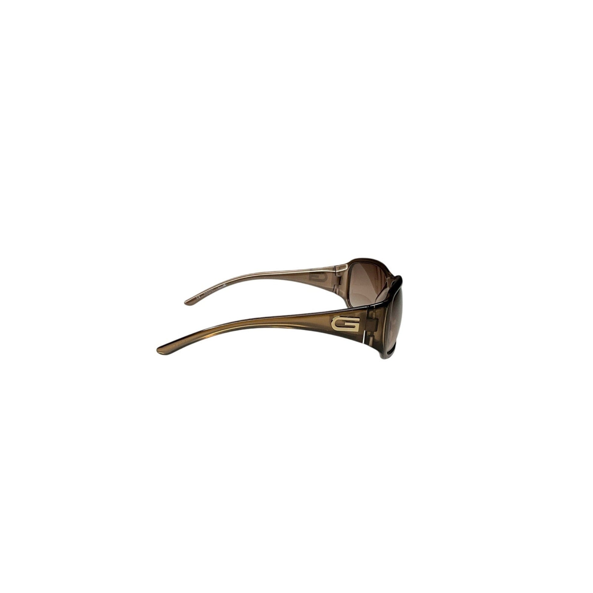 Sunglasses with a brand logo on a white background