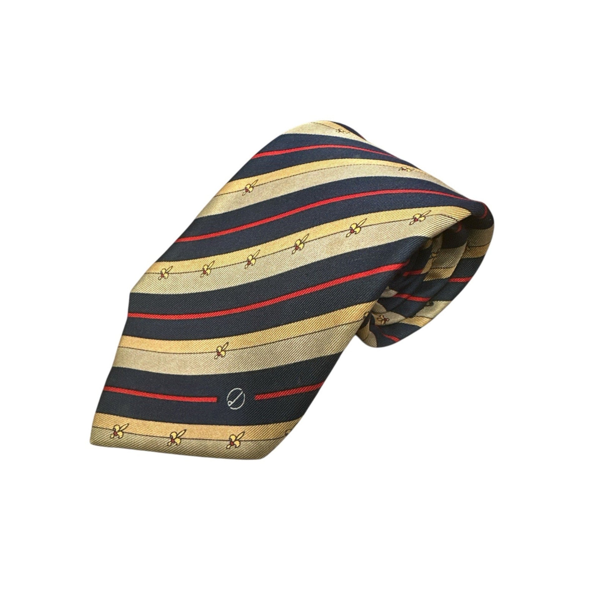 Striped tie with black, gold, and red pattern on a white background
