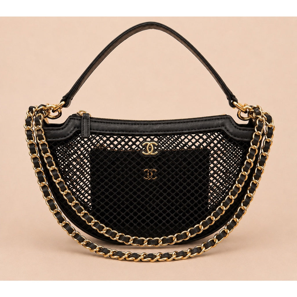 GWP Black Half-Moon Mesh Shoulder Bag with Detachable Mini Pouch