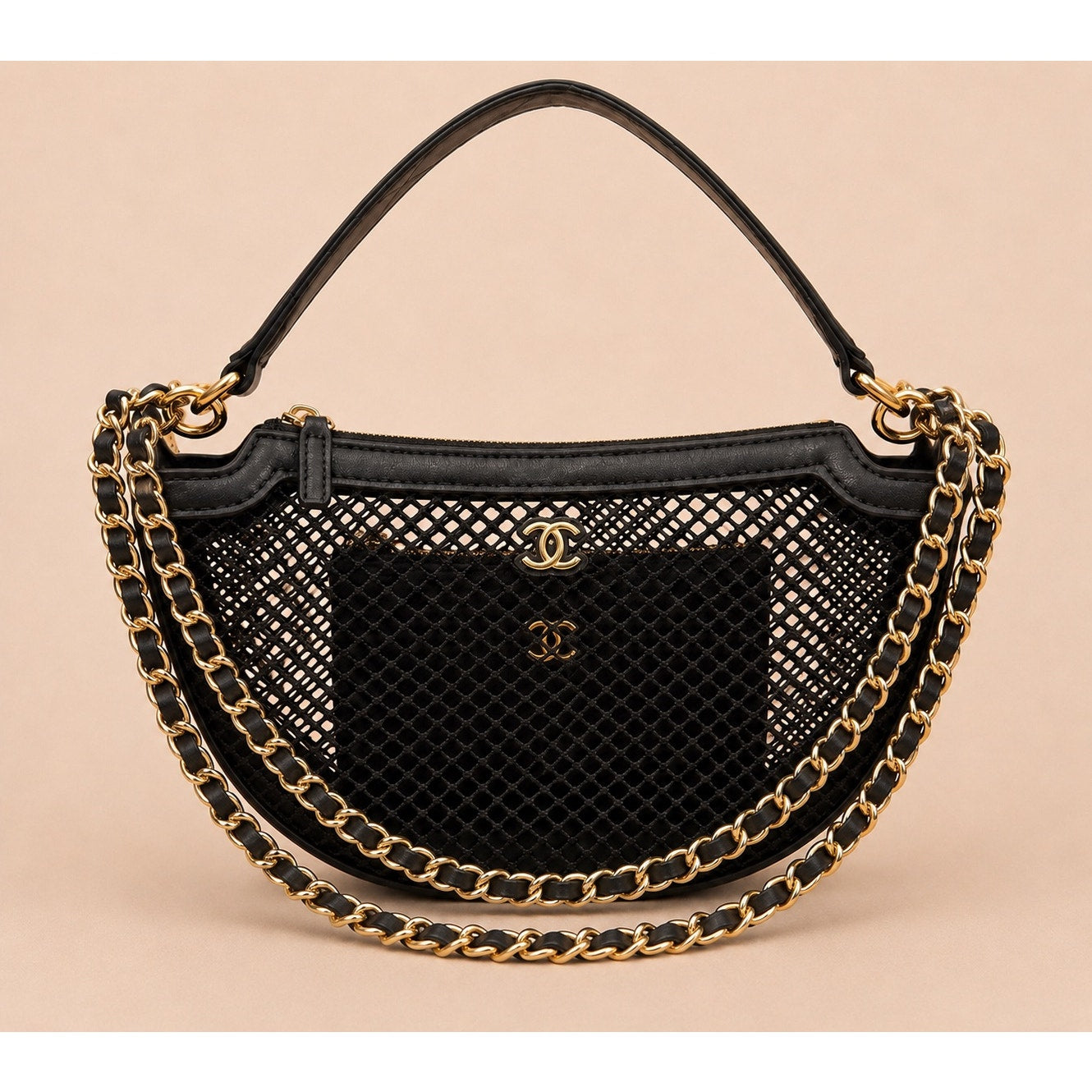 GWP Black Half-Moon Mesh Shoulder Bag with Detachable Mini Pouch