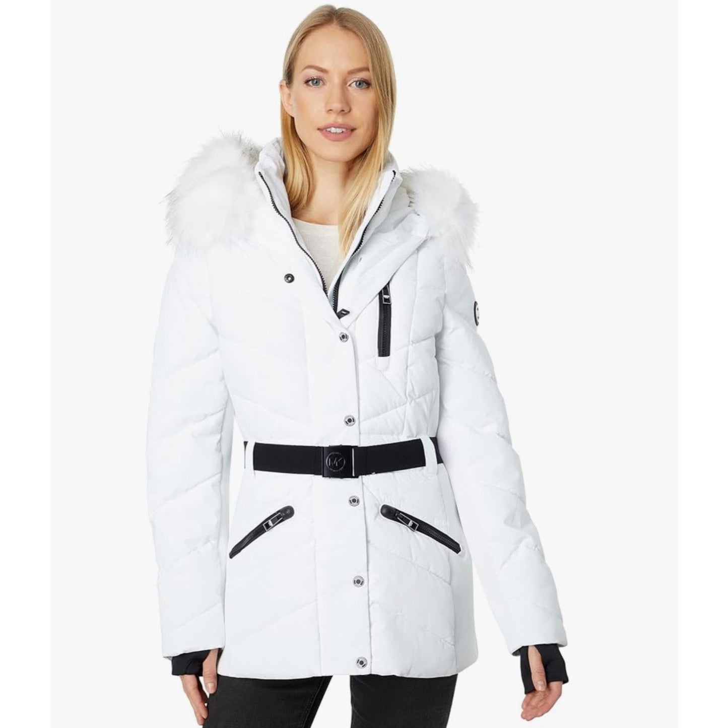 MICHAEL KORS Faux Fur Trim Quilted Puffer Coat - WHITE