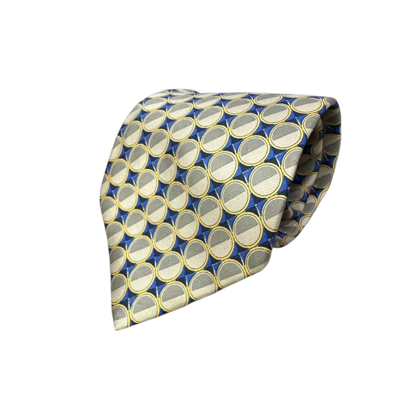 Patterned tie with blue and yellow circles on a white background