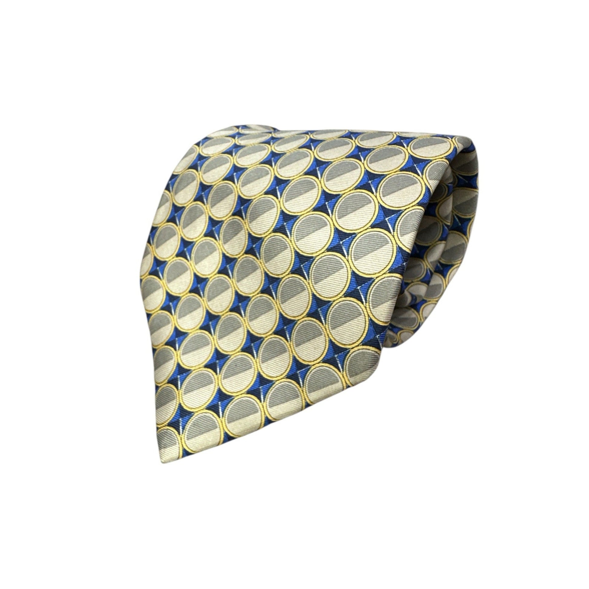 Patterned tie with blue and yellow circles on a white background