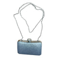 Silver glitter box clutch with a chain strap