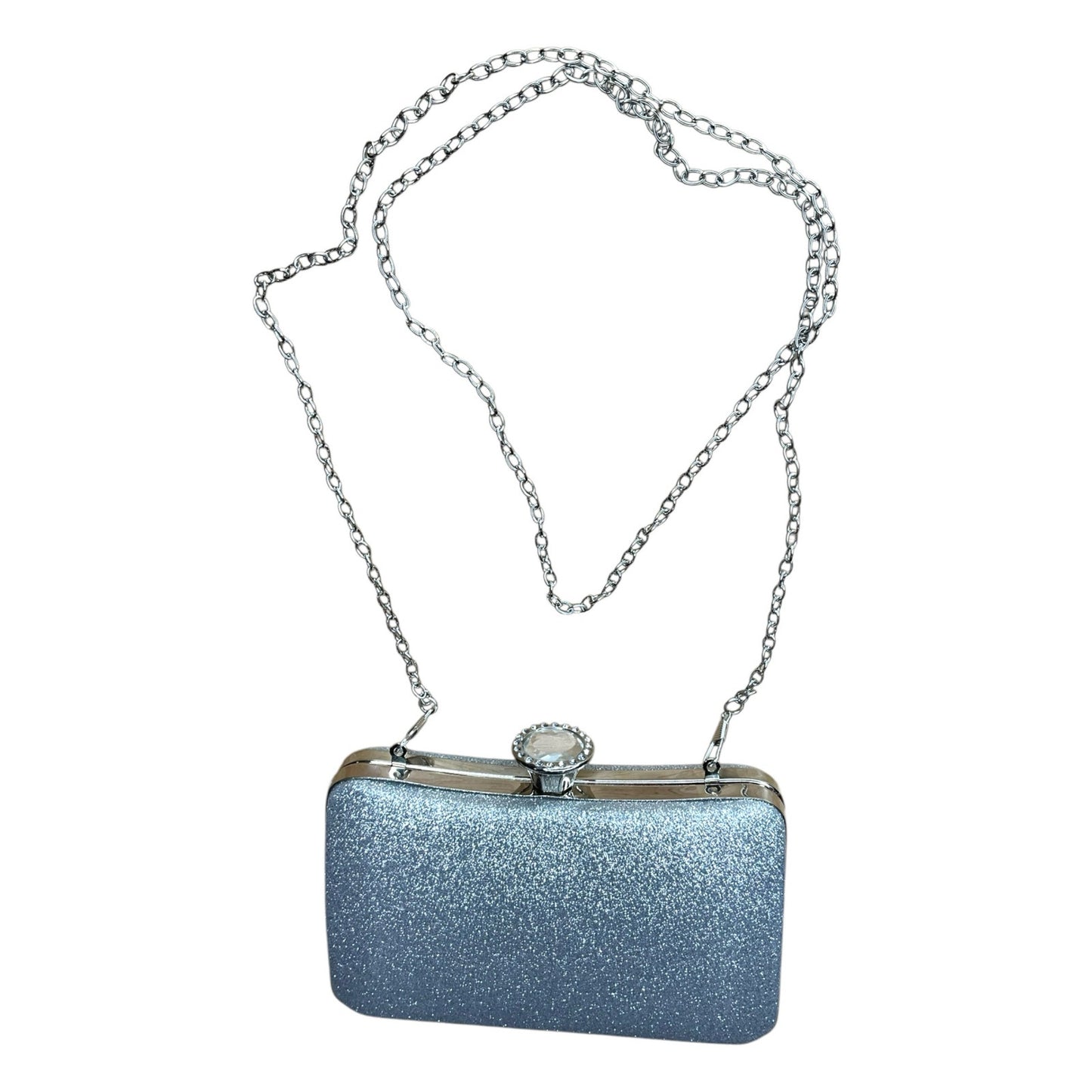 Silver glitter box clutch with a chain strap