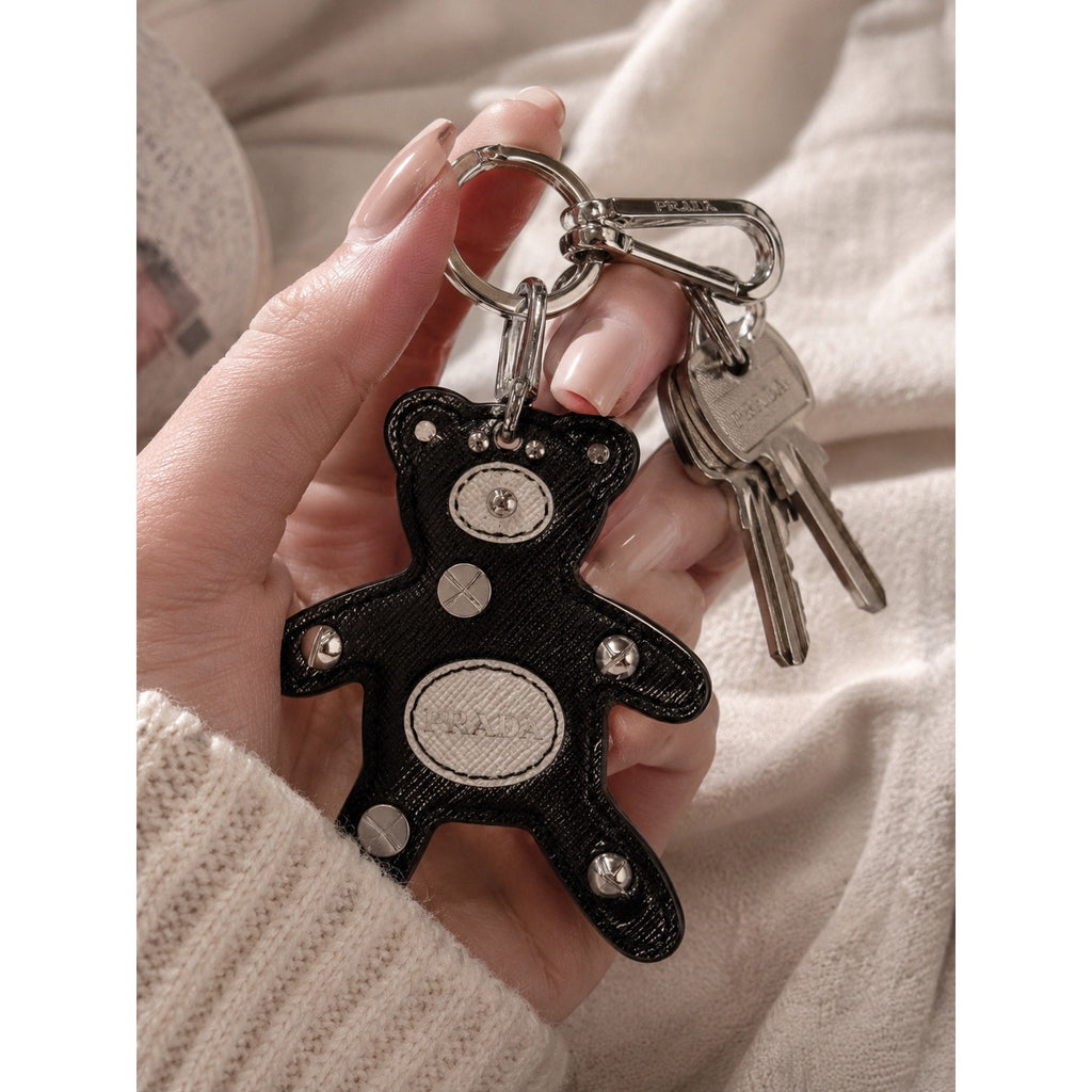 Authentic Prada Saffiano Leather Teddy Bear Bag Charm / Key Ring – Black & White