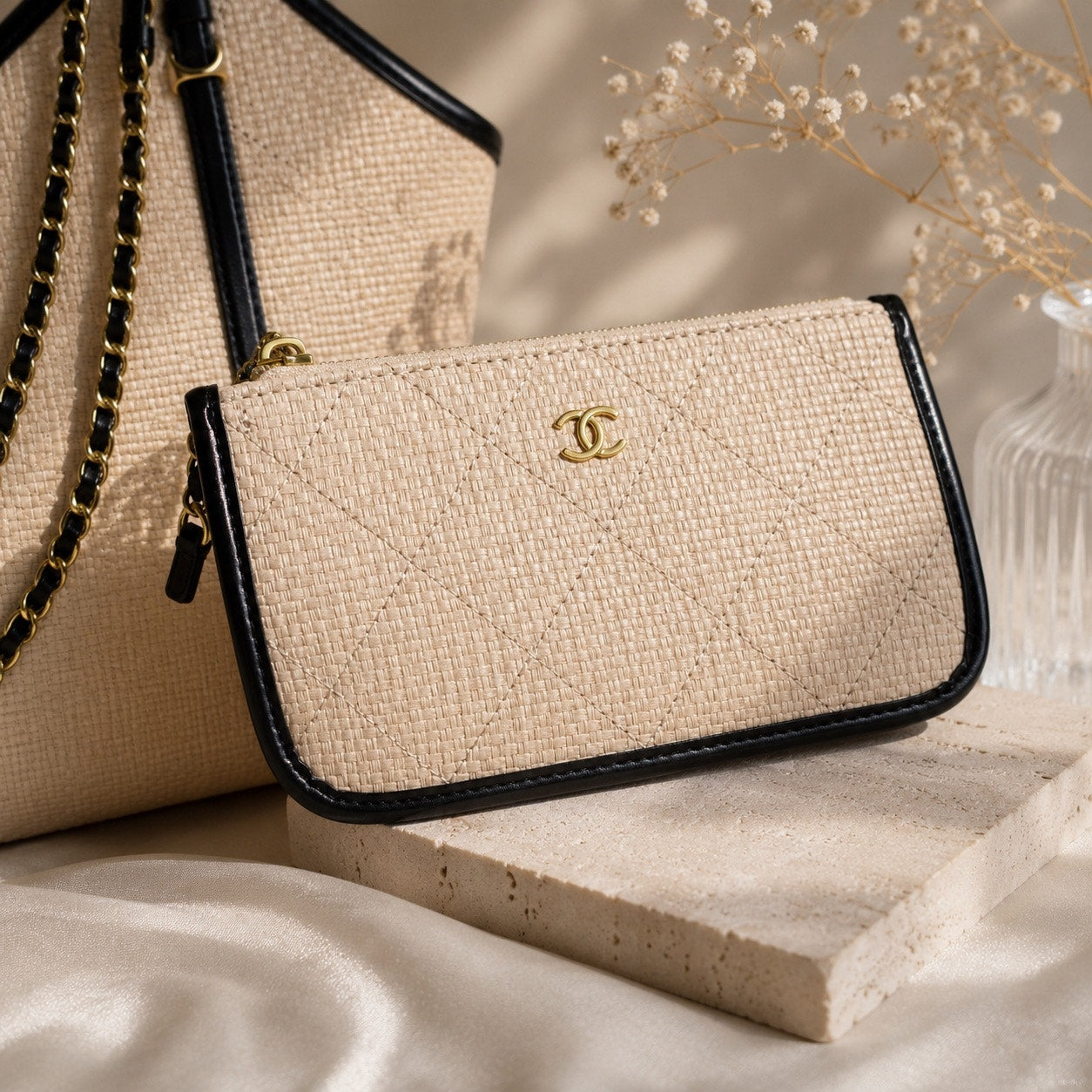 Chanel GWP Straw Woven Tote with Matching Pouch