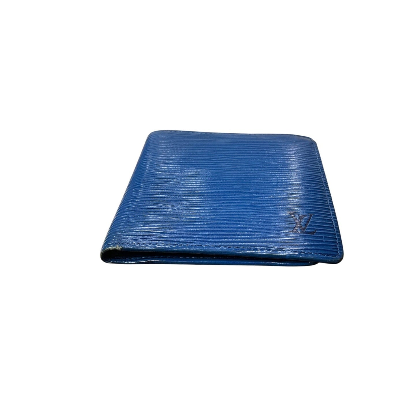 Blue wallet with a brand logo on a white background