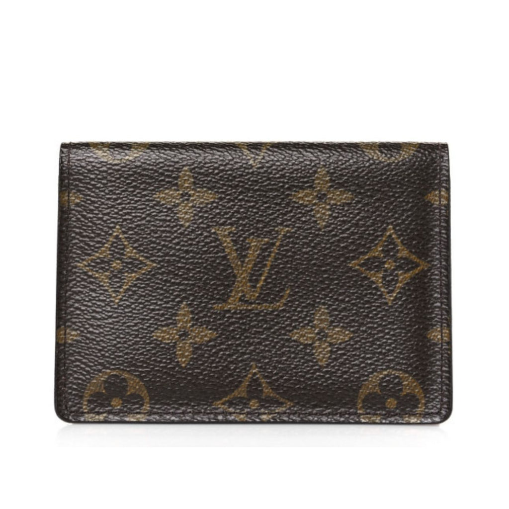 Louis Vuitton wallet with monogram pattern on a white background