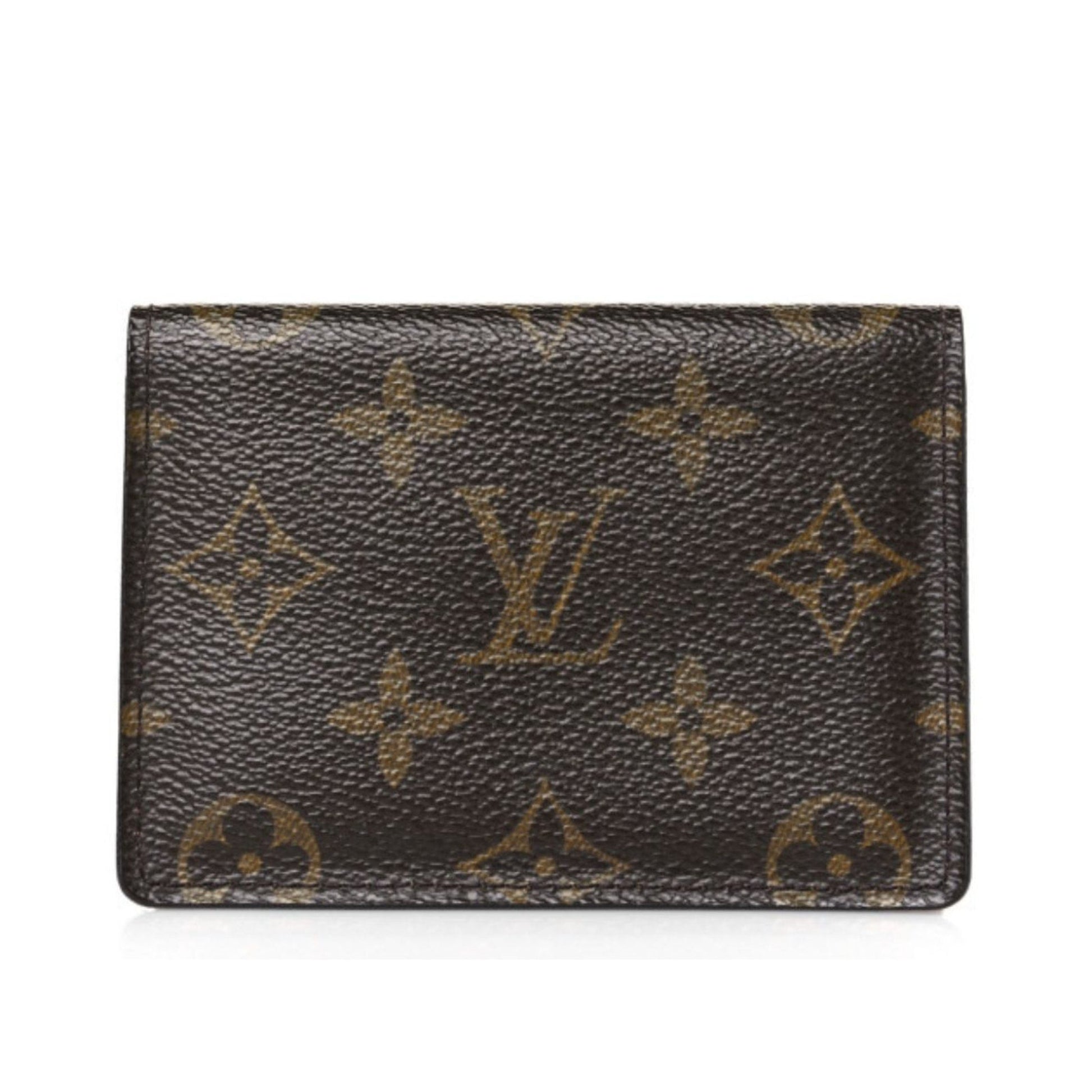 Louis Vuitton wallet with monogram pattern on a white background