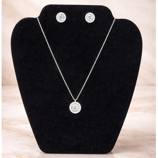 Silver Tone Crystal Pendant Necklace & Stud Earrings Set – Minimal Round Design
