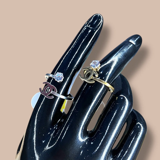 Crystal Accent Ring with Double C Style Detail – Gold or Silver Tone