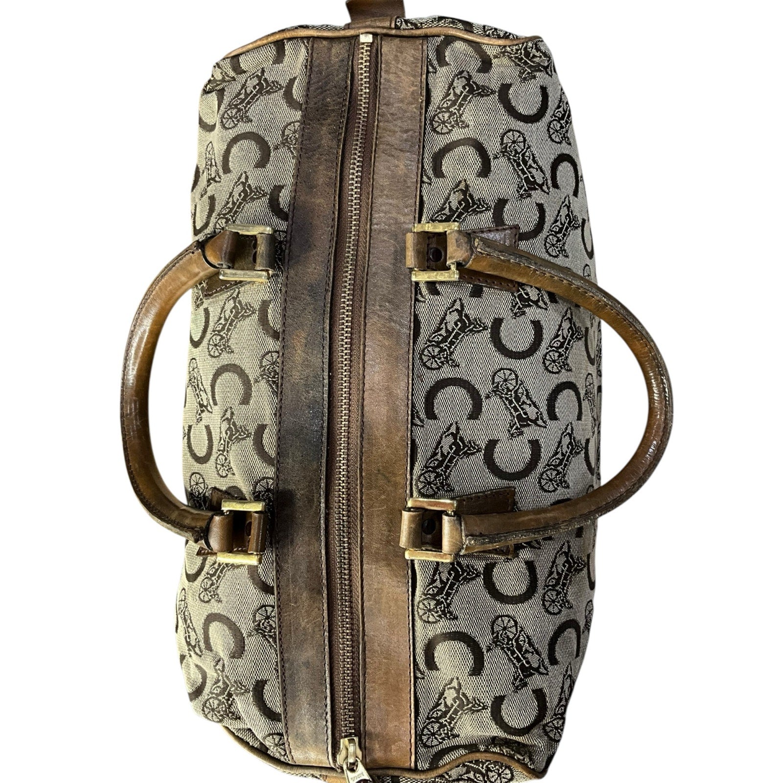 Authentic CELINE C Sulky Boston Bag Canvas Brown