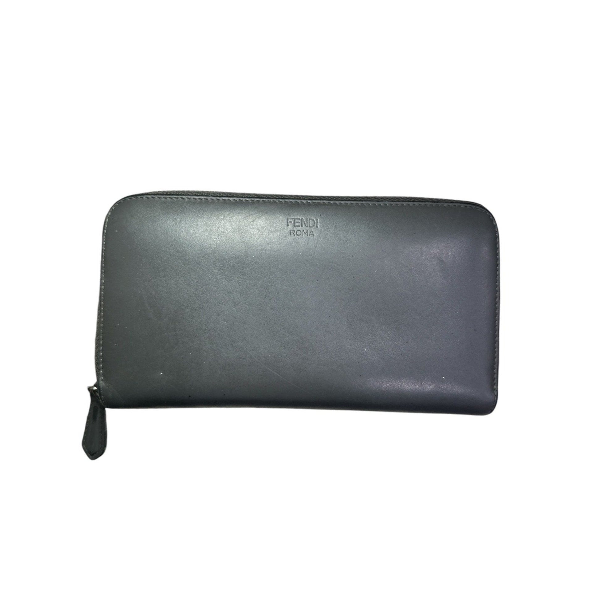 Black leather wallet with Fendi logo on a white background