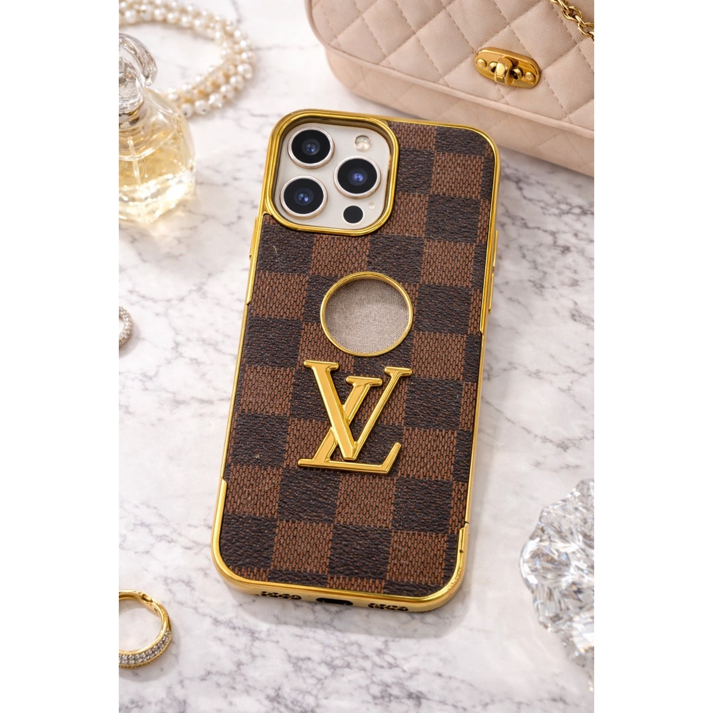 Luxury Inspired Checkered iPhone Case (Gold Trim) – iPhone