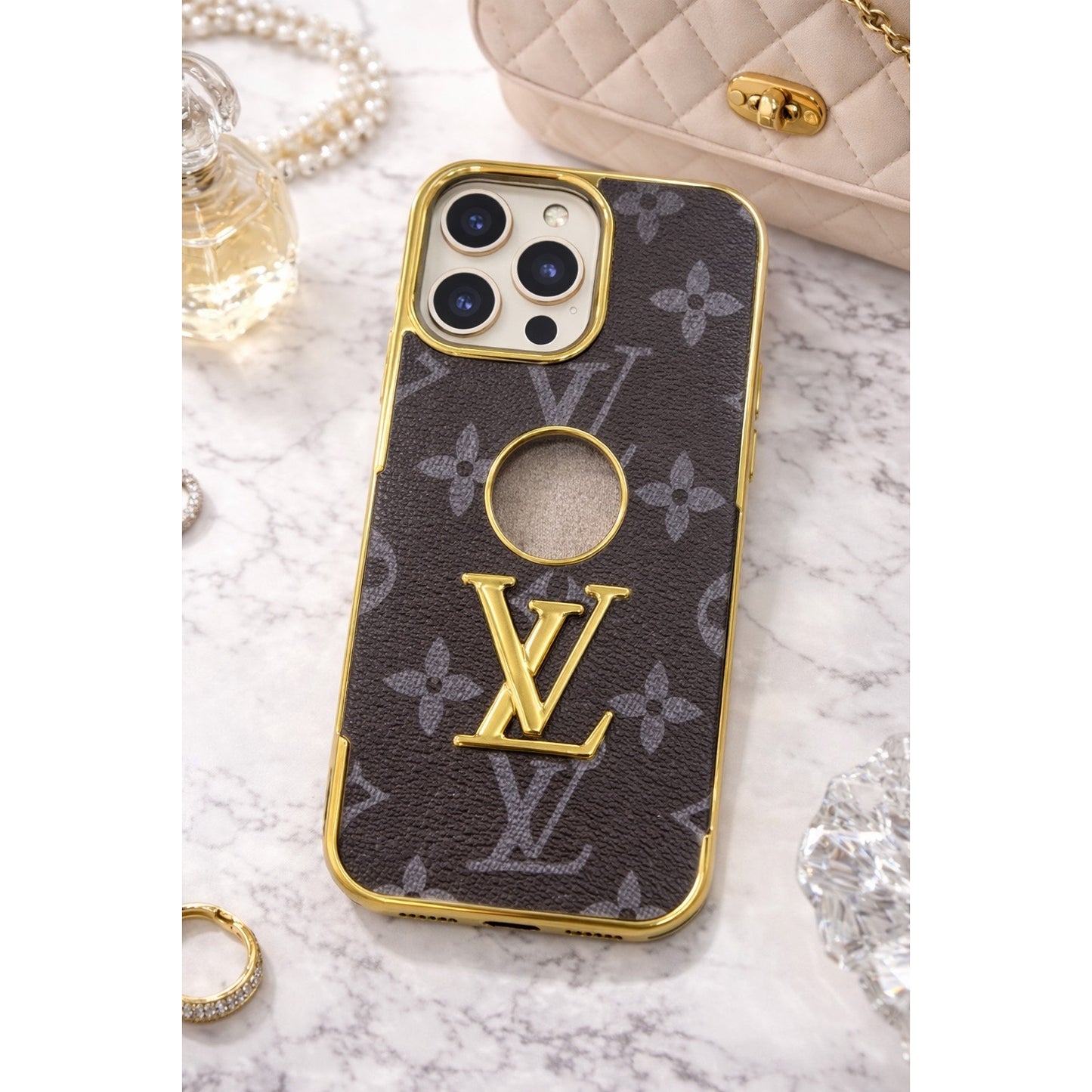 Luxury Inspired Checkered iPhone Case (Gold Trim) – iPhone