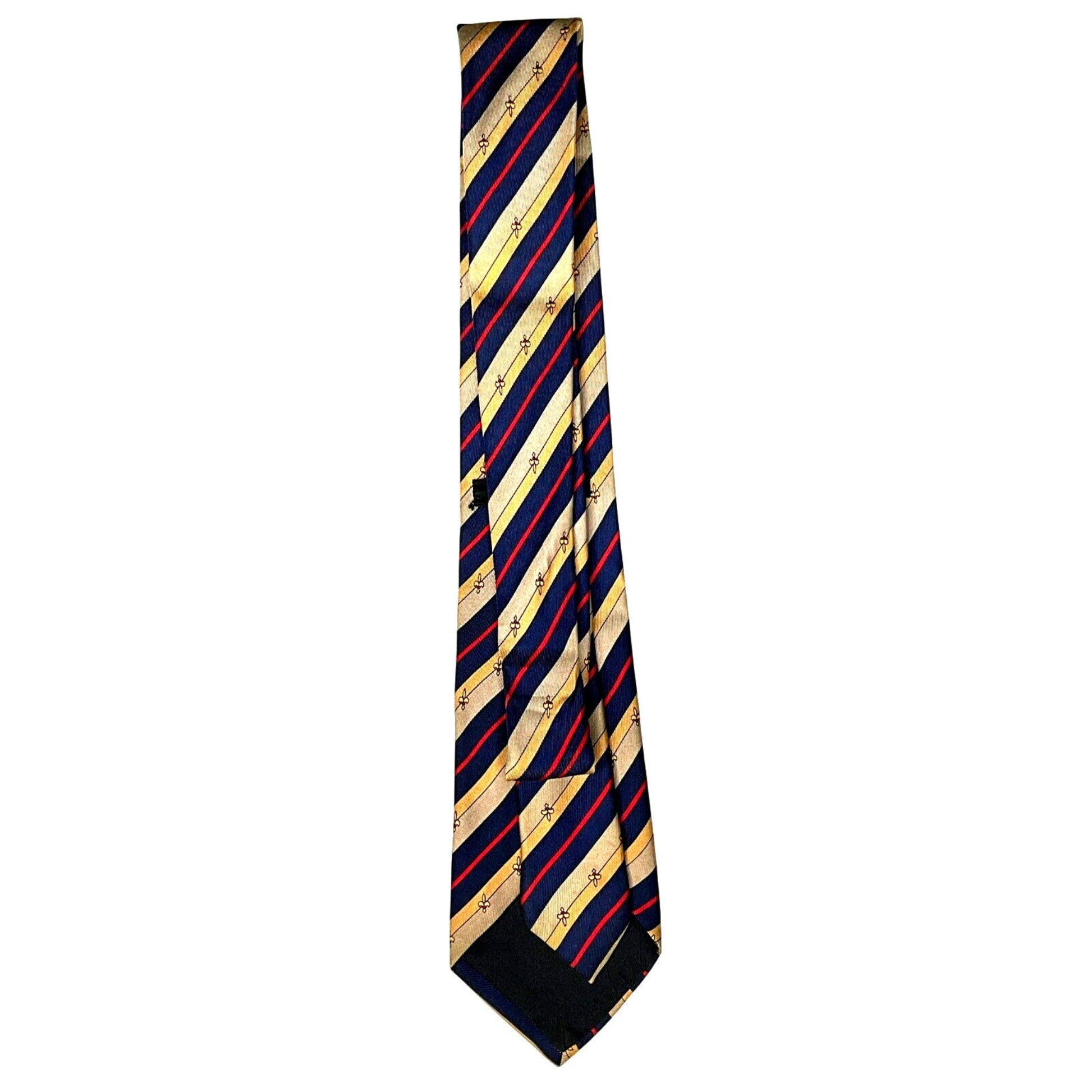 Striped tie with blue, red, and yellow pattern on a white background