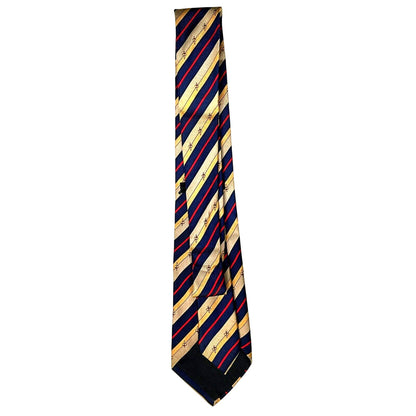 Striped tie with blue, red, and yellow pattern on a white background