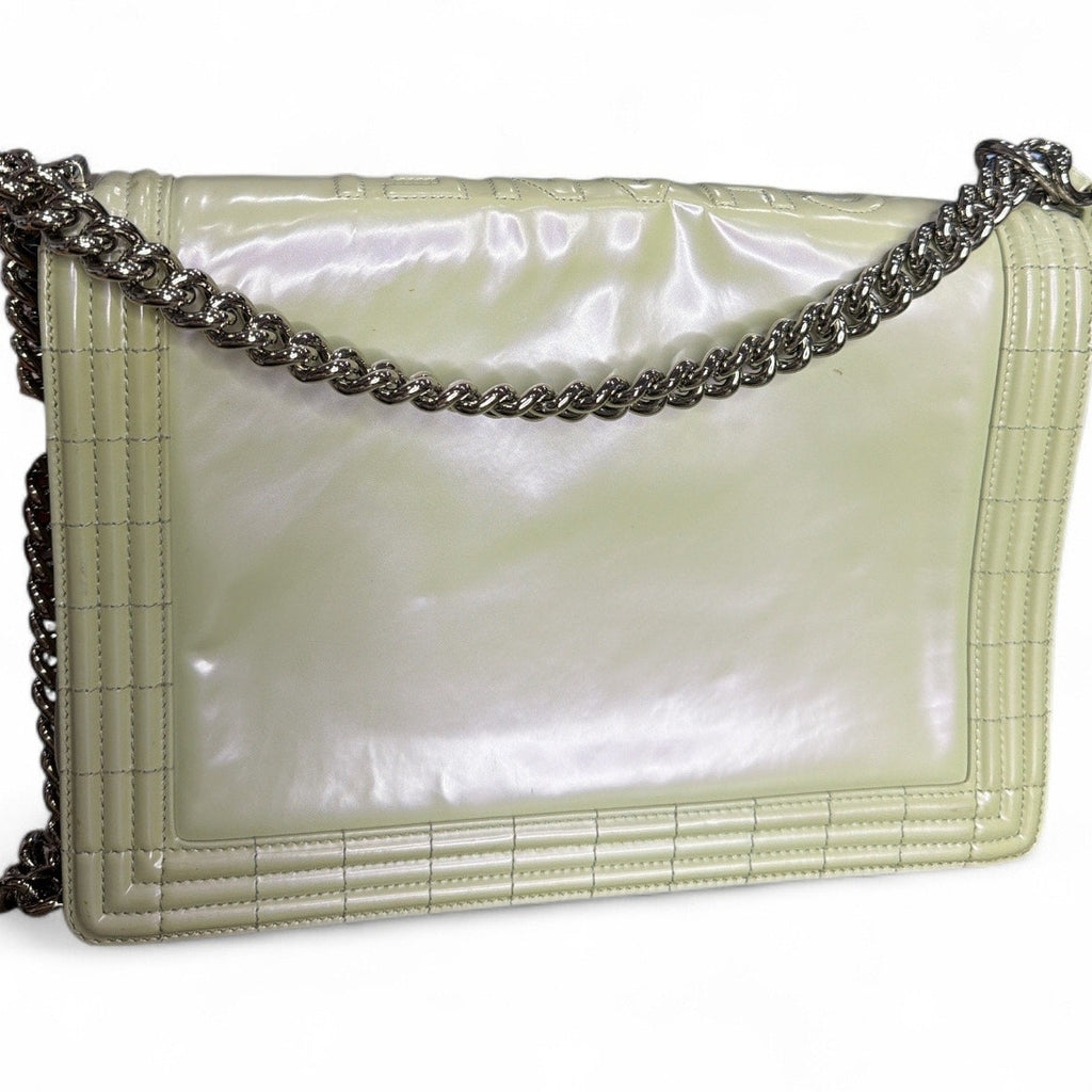 Chanel Pearl Iridescent Glazed Patent Leather Large Reverso Boy Flap Bag