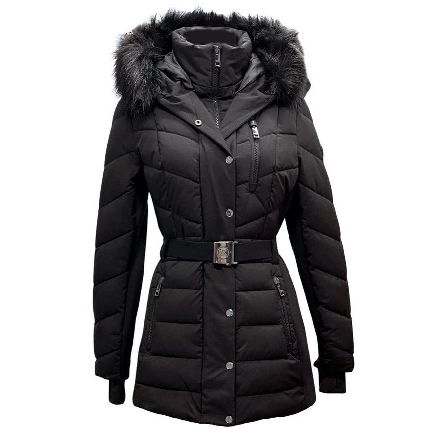 Michael Kors Active Belted Puffer with Faux Fur Trim Hood - BLACK