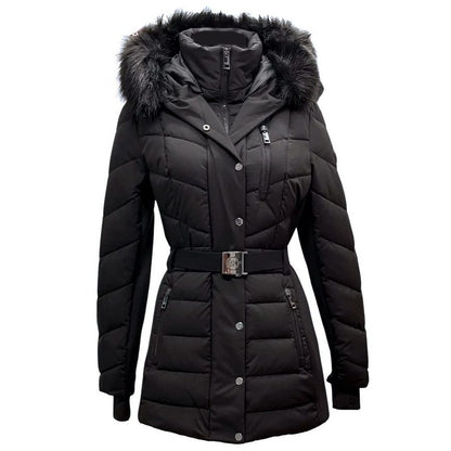 Michael Kors Active Belted Puffer with Faux Fur Trim Hood - BLACK