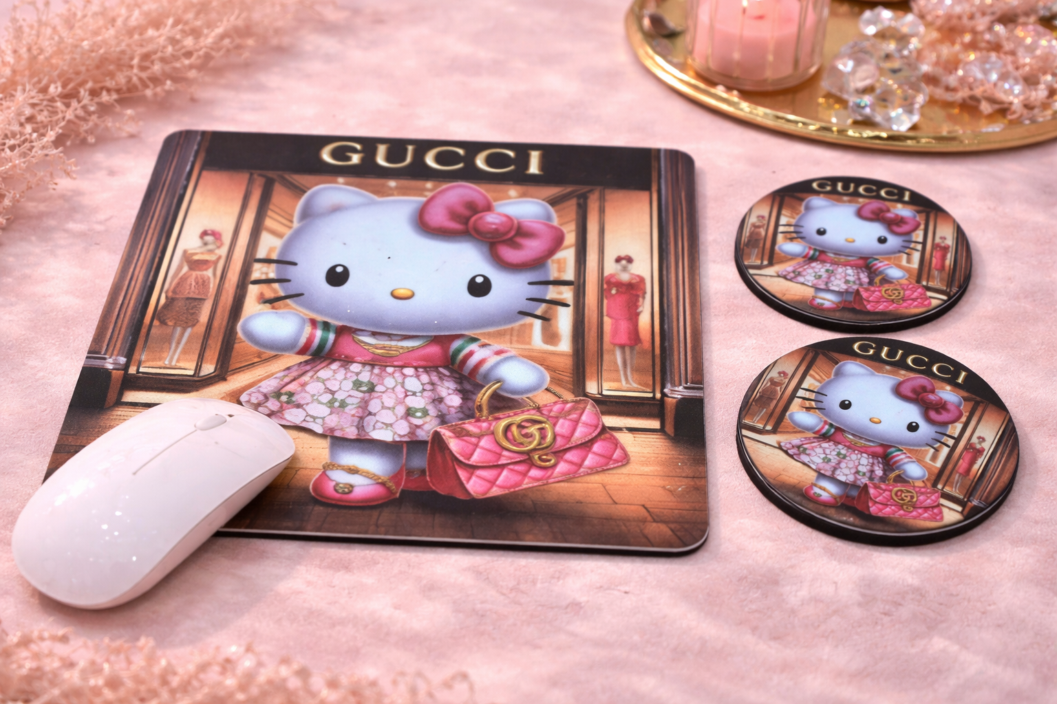GG Inspired Hello Kitty Mouse Pad and Coasters Set