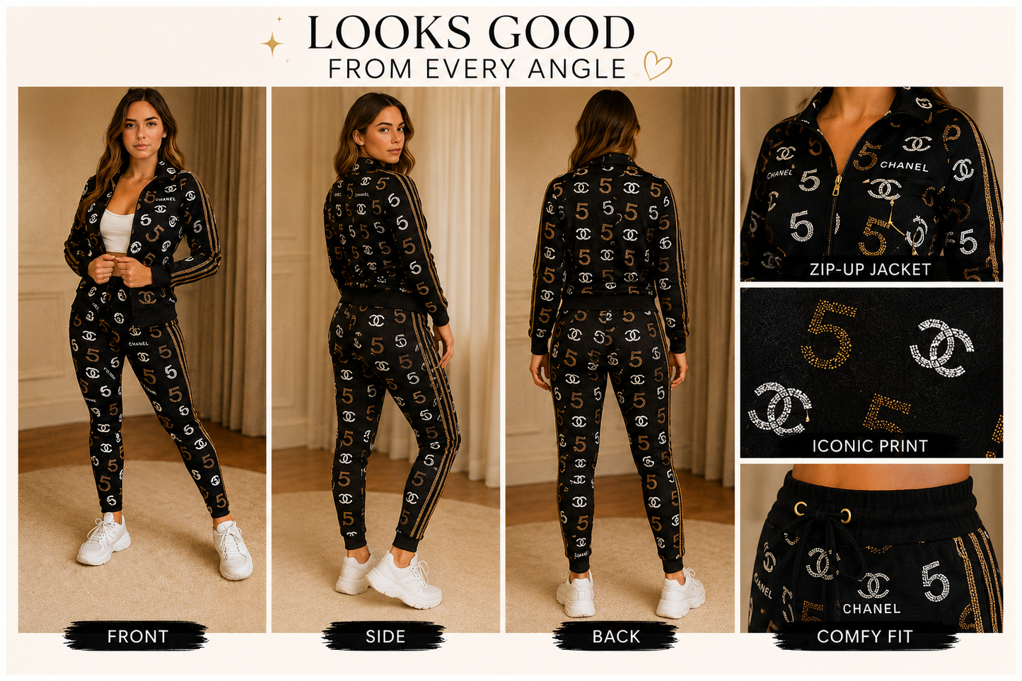Luxury-Inspired Women's Zip-Up Jogger Set | 2-Piece Matching Lounge Set