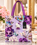 Lavender floral butterfly and Hello Kitty canvas tote front view