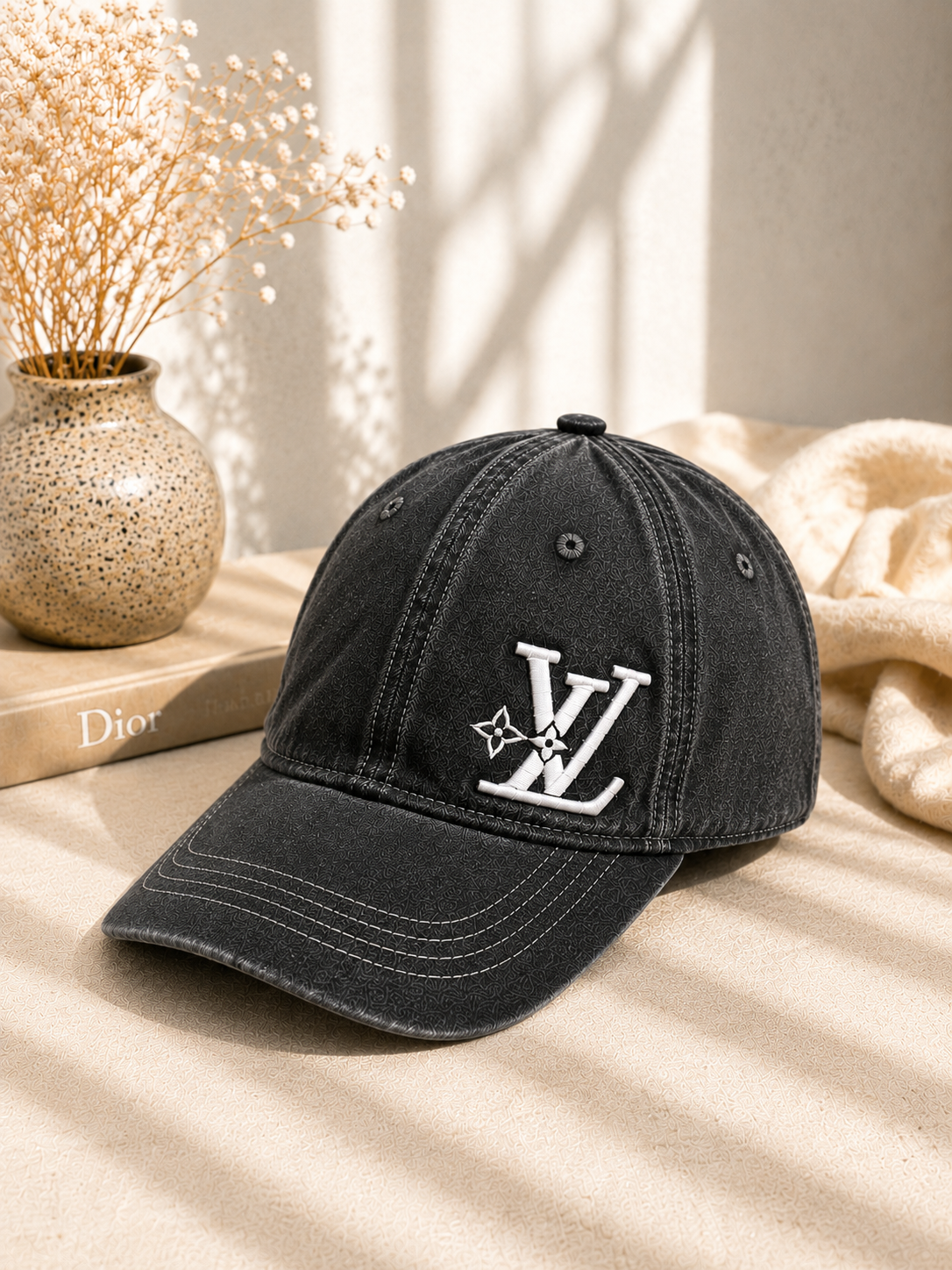 Distressed Black Denim Cap – Custom Embroidered Vintage Washed Adjustable Hat