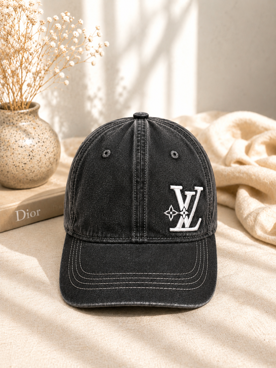 Distressed Black Denim Cap – Custom Embroidered Vintage Washed Adjustable Hat