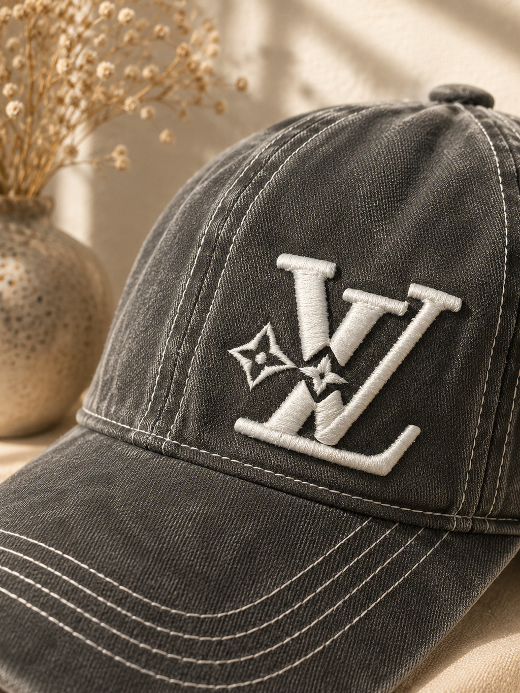 Distressed Black Denim Cap – Custom Embroidered Vintage Washed Adjustable Hat