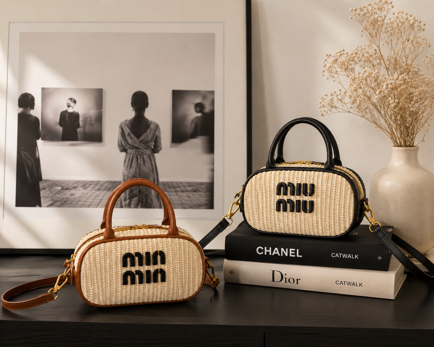 ⭐Woven Top Handle Crossbody Bag – Straw-Inspired Design | Brown or Black Trim