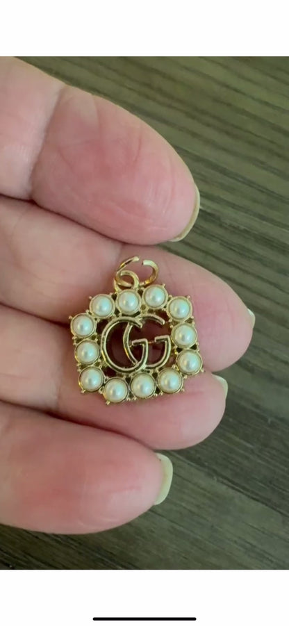Gucci "GG" charm/zipper pull, gold tone, faux pearls, stamped Gucci